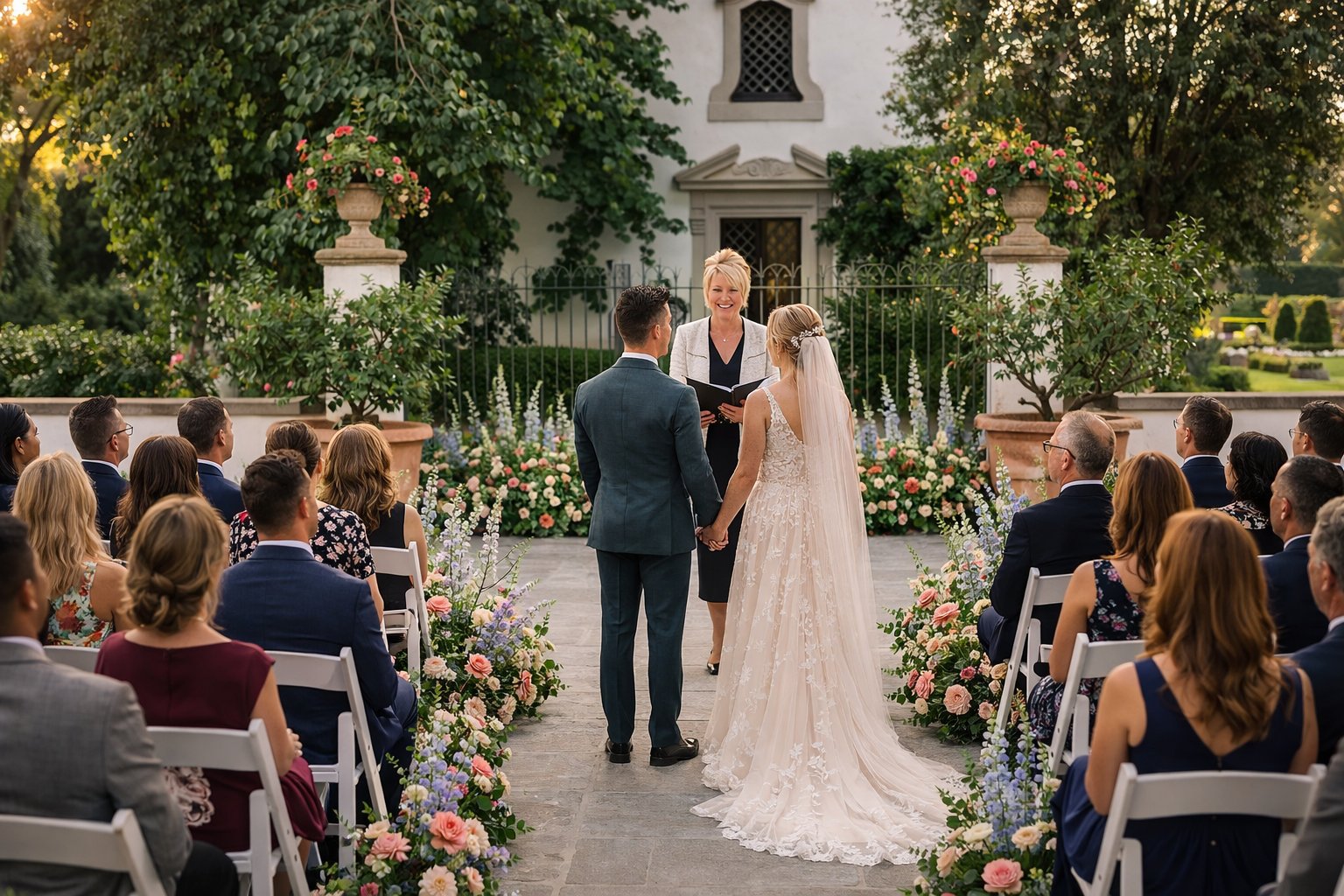 Cheryl Brendish conducting a beautiful outdoor wedding ceremony surrounded by flowers